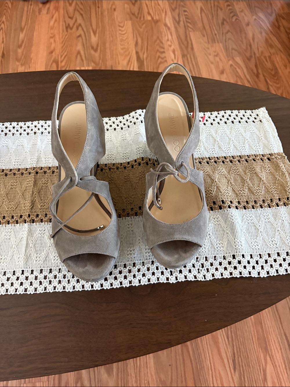 Jimmy Choo Taupe Suede Crisscross Wedge Slingbacks